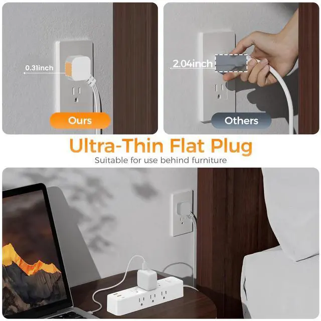 Alt view image 4 of 6 - Surge Protector Power Strip - 5Ft Braided Extension Cord Flat Plug with 6 Outlets and 3 USB-A 1 USB-C Ports, 1080 Joules Wall Mounted Charging Station for Office Home ETL (5 FT)