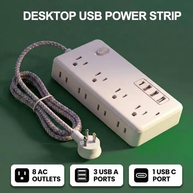 Alt view image 2 of 7 - Surge Protector Power Strip, 8 AC Outlets and 4 USB Ports (1USB-C), 5FT Braided Extension Cord with Multiple Outlets for Home, Office, Living Room, Dorm Room White