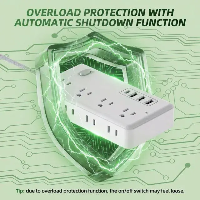 Alt view image 4 of 7 - Surge Protector Power Strip, 8 AC Outlets and 4 USB Ports (1USB-C), 5FT Braided Extension Cord with Multiple Outlets for Home, Office, Living Room, Dorm Room White