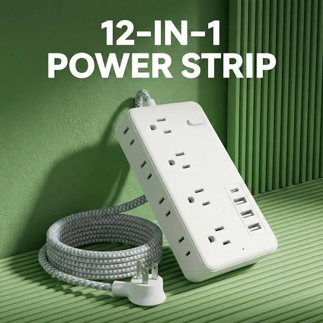 Alt view image 3 of 7 - Surge Protector Power Strip, 8 AC Outlets and 4 USB Ports (1USB-C), 5FT Braided Extension Cord with Multiple Outlets for Home, Office, Living Room, Dorm Room White