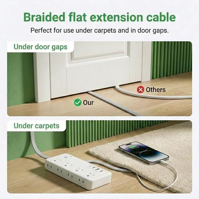 Alt view image 6 of 7 - Surge Protector Power Strip, 8 AC Outlets and 4 USB Ports (1USB-C), 5FT Braided Extension Cord with Multiple Outlets for Home, Office, Living Room, Dorm Room White