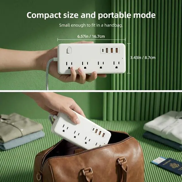 Alt view image 5 of 7 - Surge Protector Power Strip, 8 AC Outlets and 4 USB Ports (1USB-C), 5FT Braided Extension Cord with Multiple Outlets for Home, Office, Living Room, Dorm Room White