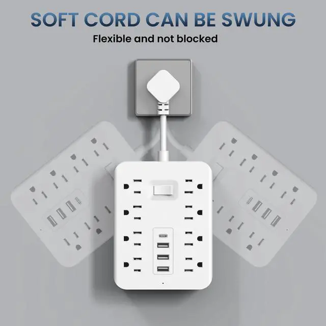 Alt view image 2 of 6 - Short Extension Cord,Power Strip 8 Widely Outlets with 4 USB Ports.(White) | Wall Mount Small Power Strip for Travel, Home Office College Dorm Essentials (3 USB A,1 USB C)