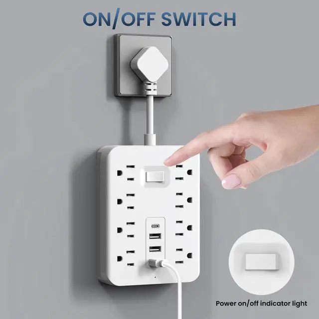 Main image of Short Extension Cord,Power Strip 8 Widely Outlets with 4 USB Ports.(White) | Wall Mount Small Power Strip for Travel, Home Office College Dorm Essentials (3 USB A,1 USB C)