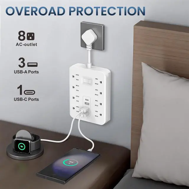 Alt view image 5 of 6 - Short Extension Cord,Power Strip 8 Widely Outlets with 4 USB Ports.(White) | Wall Mount Small Power Strip for Travel, Home Office College Dorm Essentials (3 USB A,1 USB C)