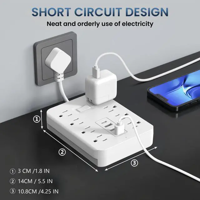 Alt view image 3 of 6 - Short Extension Cord,Power Strip 8 Widely Outlets with 4 USB Ports.(White) | Wall Mount Small Power Strip for Travel, Home Office College Dorm Essentials (3 USB A,1 USB C)