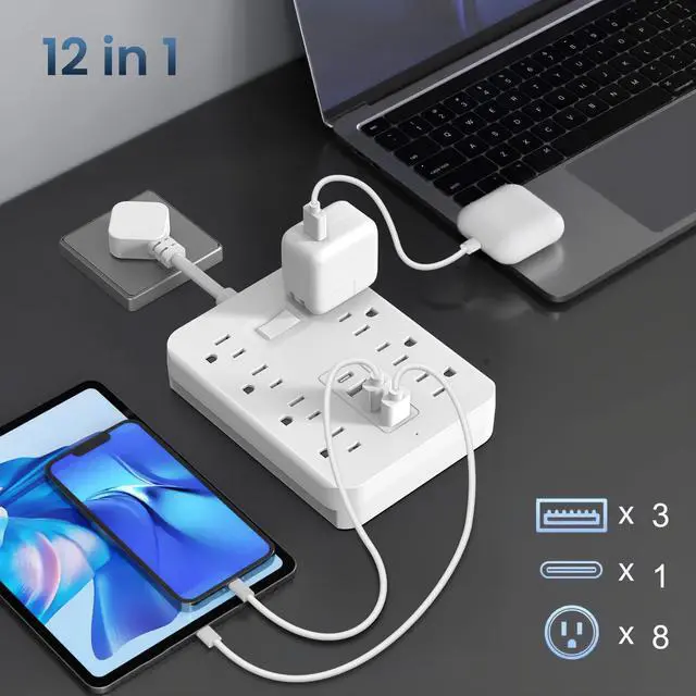 Alt view image 4 of 6 - Short Extension Cord,Power Strip 8 Widely Outlets with 4 USB Ports.(White) | Wall Mount Small Power Strip for Travel, Home Office College Dorm Essentials (3 USB A,1 USB C)
