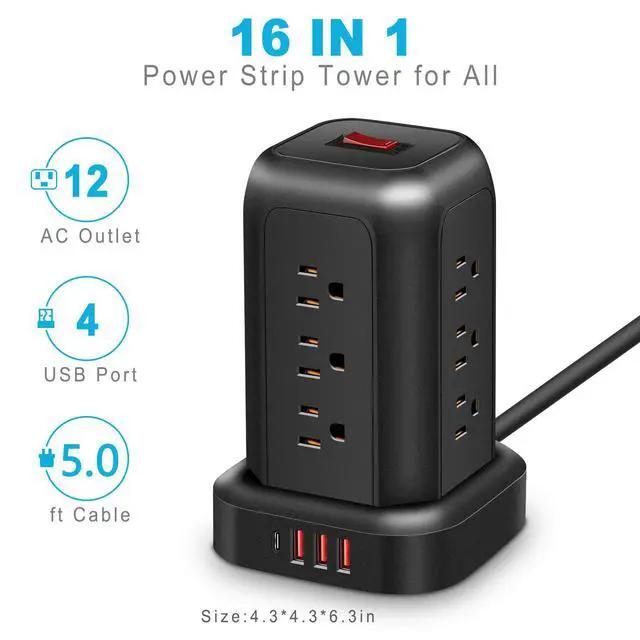 Alt view image 4 of 6 - FUAUFAS Tower Power Strip Surge Protector USB Ports, Multiple Outlets Ports Desktop Charging Station, Flat Plug, Wall Mount,with Night Light Station, Power Bar, Office Desk Supplies, Dorm Essentials