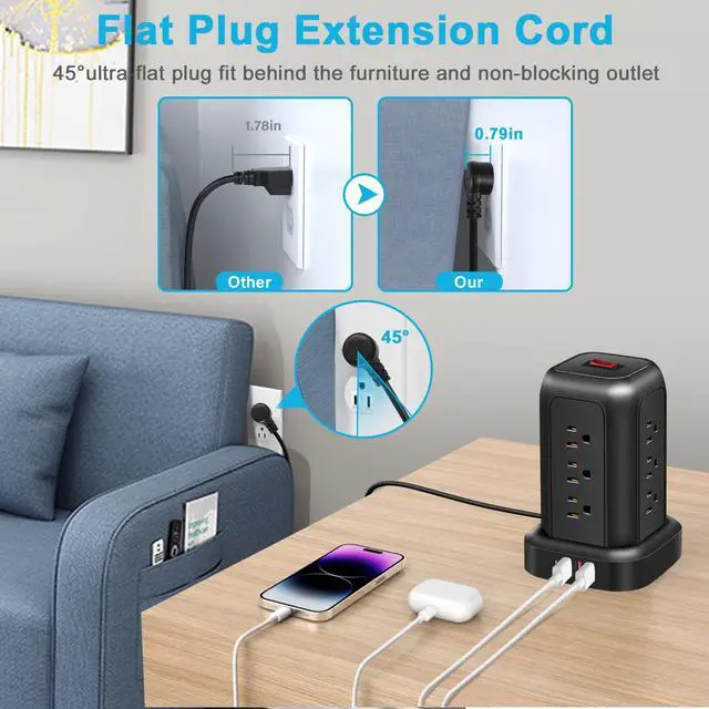 Alt view image 5 of 6 - FUAUFAS Tower Power Strip Surge Protector USB Ports, Multiple Outlets Ports Desktop Charging Station, Flat Plug, Wall Mount,with Night Light Station, Power Bar, Office Desk Supplies, Dorm Essentials