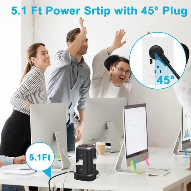 Alt view image 6 of 6 - FUAUFAS Tower Power Strip Surge Protector USB Ports, Multiple Outlets Ports Desktop Charging Station, Flat Plug, Wall Mount,with Night Light Station, Power Bar, Office Desk Supplies, Dorm Essentials