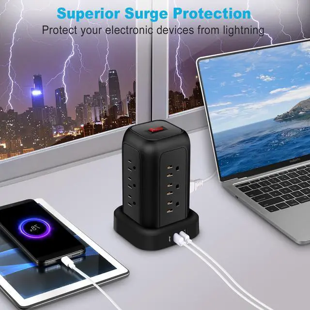 Alt view image 2 of 6 - FUAUFAS Tower Power Strip Surge Protector USB Ports, Multiple Outlets Ports Desktop Charging Station, Flat Plug, Wall Mount,with Night Light Station, Power Bar, Office Desk Supplies, Dorm Essentials