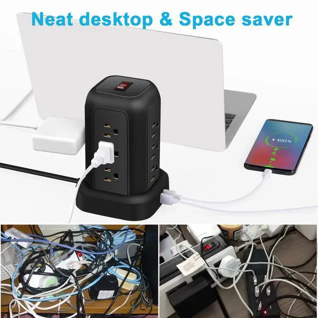 Alt view image 3 of 6 - FUAUFAS Tower Power Strip Surge Protector USB Ports, Multiple Outlets Ports Desktop Charging Station, Flat Plug, Wall Mount,with Night Light Station, Power Bar, Office Desk Supplies, Dorm Essentials