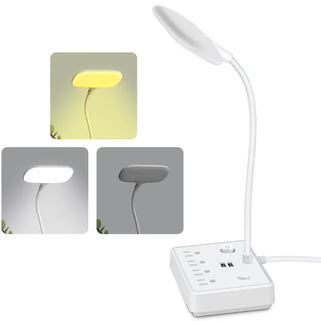 Main image of LED Desk Lamp with Power Strip, 4 AC Outlets & 2 USB Charging Ports, 3 Lighting Modes Dimmable Table Lamp, 360° Adjustable Flexible Gooseneck, Eye-Caring Small Desk Light for Home Office