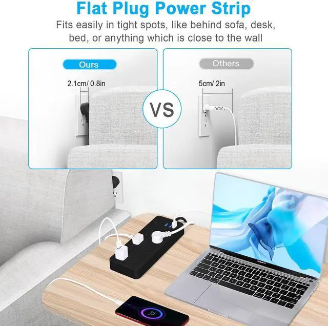 Alt view image 4 of 7 - Power Bar Extension Cord Outlet Extender, Power Strip Surge Protector USB Ports, Muti-Outlets Ports Desktop Charging Station,Flat Plug,Wall Mount,with Night Light Station,for Home,Office.
