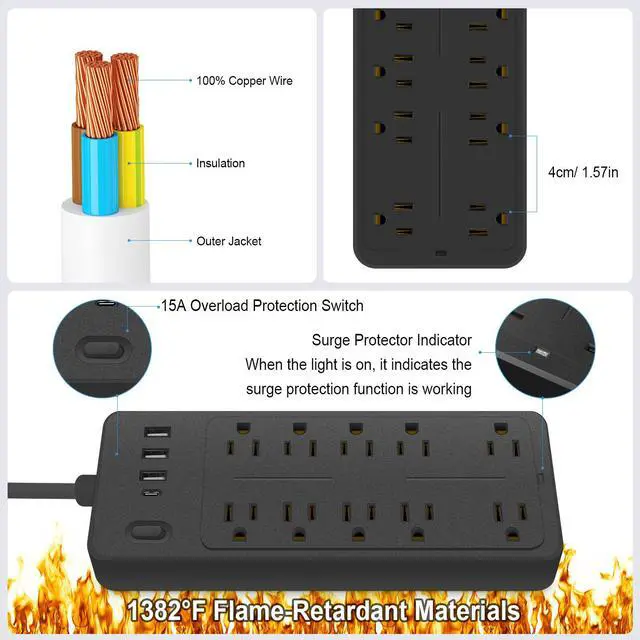 Alt view image 2 of 7 - Power Bar Extension Cord Outlet Extender, Power Strip Surge Protector USB Ports, Muti-Outlets Ports Desktop Charging Station,Flat Plug,Wall Mount,with Night Light Station,for Home,Office.