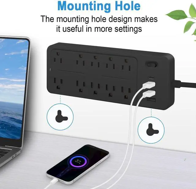 Alt view image 7 of 7 - Power Bar Extension Cord Outlet Extender, Power Strip Surge Protector USB Ports, Muti-Outlets Ports Desktop Charging Station,Flat Plug,Wall Mount,with Night Light Station,for Home,Office.