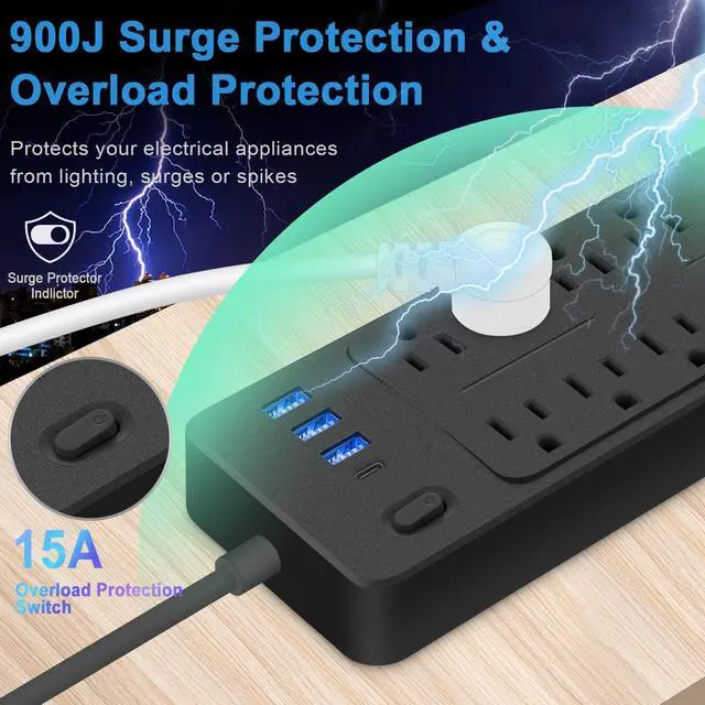 Alt view image 5 of 7 - Power Bar Extension Cord Outlet Extender, Power Strip Surge Protector USB Ports, Muti-Outlets Ports Desktop Charging Station,Flat Plug,Wall Mount,with Night Light Station,for Home,Office.