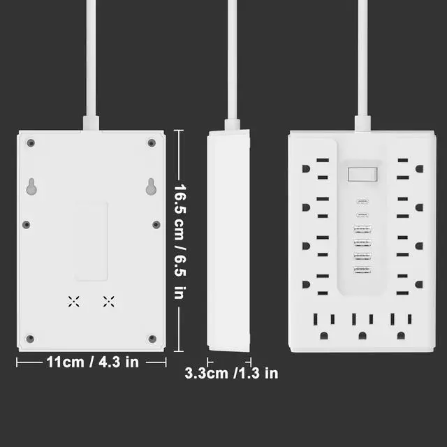 Alt view image 5 of 6 - Power Strip 5FT Flat Plug Flat Extension Cord 8 Outlets 4USB(2 USB C) | 1700J Surge Protector,45°Angel Ultra-Thin Flat Plug,Wall Mount Multiple Outlets for Home Office, Dorm, Hotel, Travel