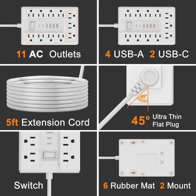 Alt view image 4 of 6 - Power Strip 5FT Flat Plug Flat Extension Cord 8 Outlets 4USB(2 USB C) | 1700J Surge Protector,45°Angel Ultra-Thin Flat Plug,Wall Mount Multiple Outlets for Home Office, Dorm, Hotel, Travel