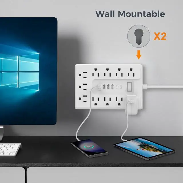 Alt view image 3 of 6 - Power Strip 5FT Flat Plug Flat Extension Cord 8 Outlets 4USB(2 USB C) | 1700J Surge Protector,45°Angel Ultra-Thin Flat Plug,Wall Mount Multiple Outlets for Home Office, Dorm, Hotel, Travel