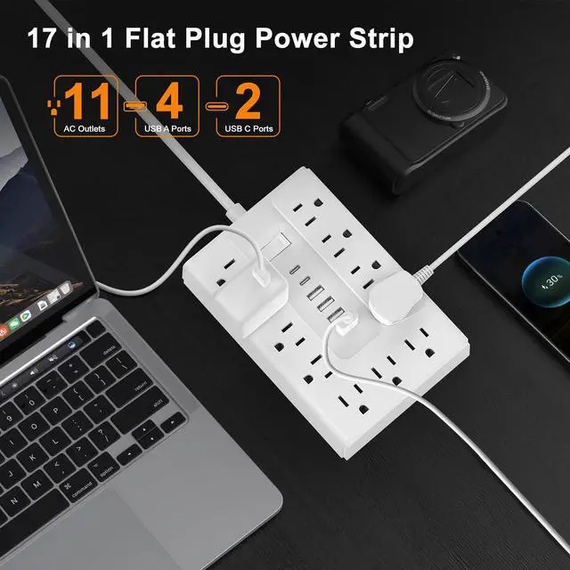 Alt view image 2 of 6 - Power Strip 5FT Flat Plug Flat Extension Cord 8 Outlets 4USB(2 USB C) | 1700J Surge Protector,45°Angel Ultra-Thin Flat Plug,Wall Mount Multiple Outlets for Home Office, Dorm, Hotel, Travel