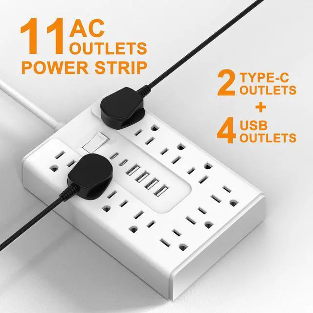 Alt view image 6 of 6 - Power Strip 5FT Flat Plug Flat Extension Cord 8 Outlets 4USB(2 USB C) | 1700J Surge Protector,45°Angel Ultra-Thin Flat Plug,Wall Mount Multiple Outlets for Home Office, Dorm, Hotel, Travel