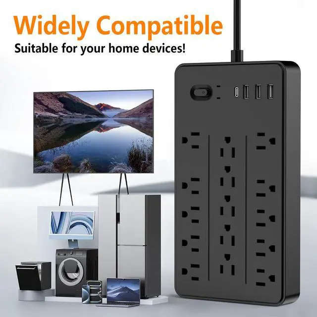 Alt view image 4 of 6 - Power Strip Surge Protector, 15 AC 6 USB, 2100J, 5Ft,1875W/15A | 3A1C, Heavy Duty Extension Cord with Multiple Outlets, Flat Plug Outlet Extender for Home, Office, Dorm, Gaming Room, Blac