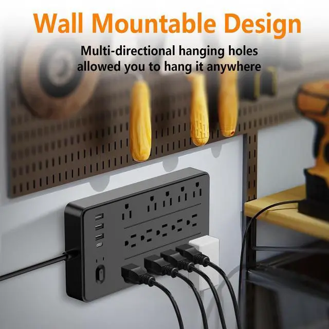 Alt view image 5 of 6 - Power Strip Surge Protector, 15 AC 6 USB, 2100J, 5Ft,1875W/15A | 3A1C, Heavy Duty Extension Cord with Multiple Outlets, Flat Plug Outlet Extender for Home, Office, Dorm, Gaming Room, Blac