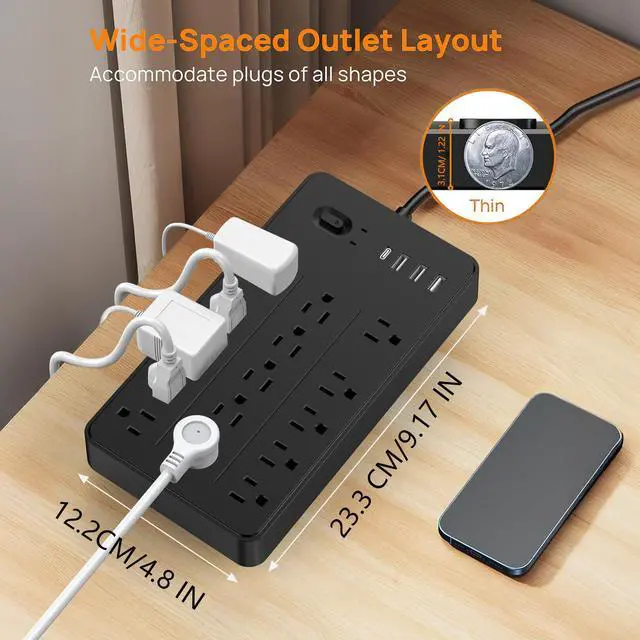 Alt view image 3 of 6 - Power Strip Surge Protector, 15 AC 6 USB, 2100J, 5Ft,1875W/15A | 3A1C, Heavy Duty Extension Cord with Multiple Outlets, Flat Plug Outlet Extender for Home, Office, Dorm, Gaming Room, Blac