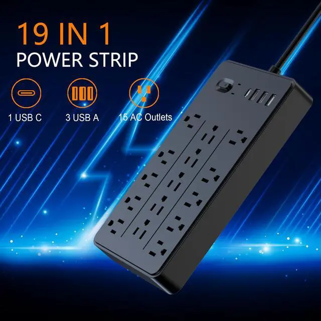 Alt view image 6 of 6 - Power Strip Surge Protector, 15 AC 6 USB, 2100J, 5Ft,1875W/15A | 3A1C, Heavy Duty Extension Cord with Multiple Outlets, Flat Plug Outlet Extender for Home, Office, Dorm, Gaming Room, Blac