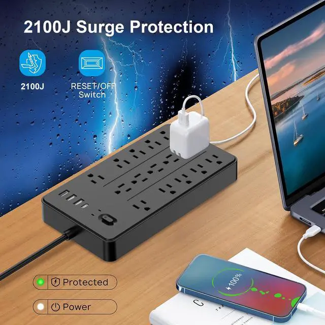 Alt view image 2 of 6 - Power Strip Surge Protector, 15 AC 6 USB, 2100J, 5Ft,1875W/15A | 3A1C, Heavy Duty Extension Cord with Multiple Outlets, Flat Plug Outlet Extender for Home, Office, Dorm, Gaming Room, Blac