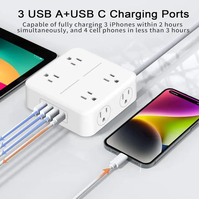 Alt view image 2 of 7 - Surge Protector Power Strip 4800J, 5Ft Long Extension Cord Flat Plug, 8 Outlets 3 USB C 1 USB Ports, Wall Mountable, Desk Charging Station, Black