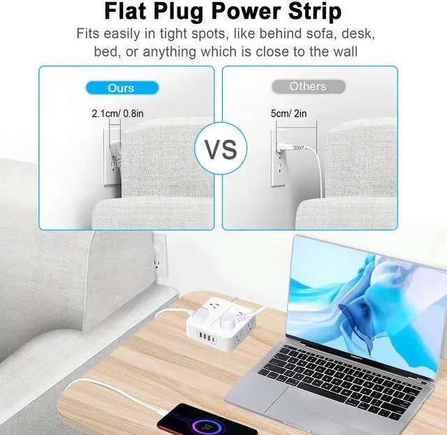 Alt view image 6 of 7 - Surge Protector Power Strip 4800J, 5Ft Long Extension Cord Flat Plug, 8 Outlets 3 USB C 1 USB Ports, Wall Mountable, Desk Charging Station, Black