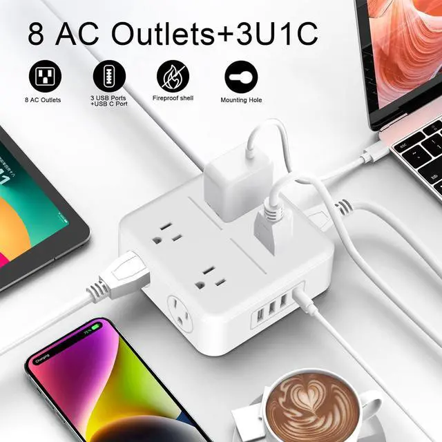 Alt view image 4 of 7 - Surge Protector Power Strip 4800J, 5Ft Long Extension Cord Flat Plug, 8 Outlets 3 USB C 1 USB Ports, Wall Mountable, Desk Charging Station, Black