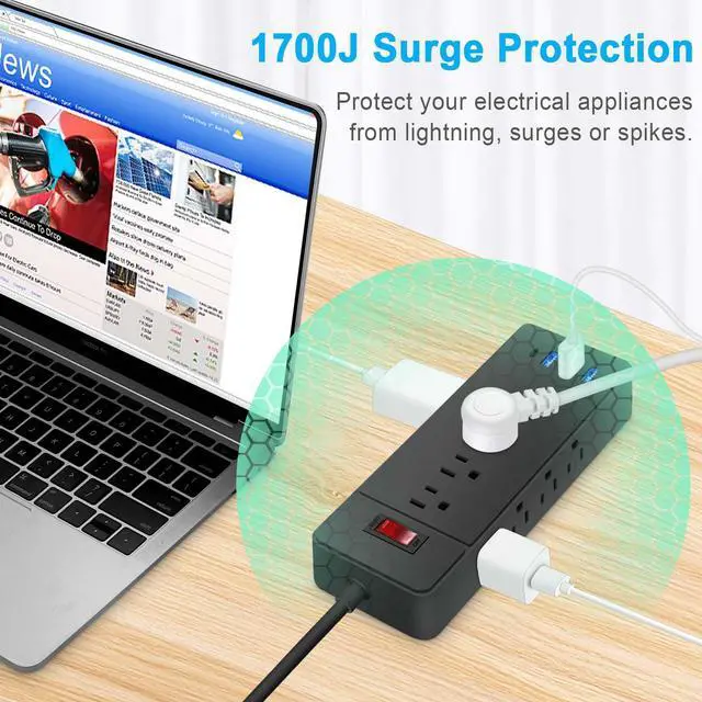Alt view image 4 of 7 - Power Strip Surge Protector, 12 AC 4 USB, 2100J, 5Ft ,3A1C, Heavy Duty Extension Cord with Multiple Outlets, Flat Plug Outlet Extender for Home, Office, Dorm, Gaming Room, Blac