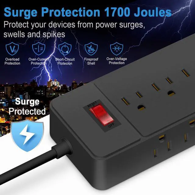 Alt view image 7 of 7 - Power Strip Surge Protector, 12 AC 4 USB, 2100J, 5Ft ,3A1C, Heavy Duty Extension Cord with Multiple Outlets, Flat Plug Outlet Extender for Home, Office, Dorm, Gaming Room, Blac