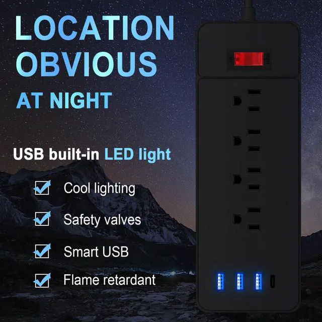 Alt view image 5 of 7 - Power Strip Surge Protector, 12 AC 4 USB, 2100J, 5Ft ,3A1C, Heavy Duty Extension Cord with Multiple Outlets, Flat Plug Outlet Extender for Home, Office, Dorm, Gaming Room, Blac
