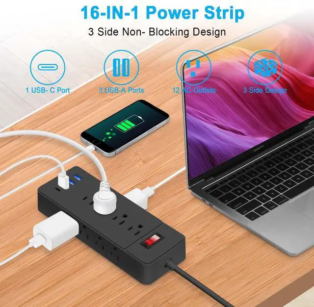 Alt view image 3 of 7 - Power Strip Surge Protector, 12 AC 4 USB, 2100J, 5Ft ,3A1C, Heavy Duty Extension Cord with Multiple Outlets, Flat Plug Outlet Extender for Home, Office, Dorm, Gaming Room, Blac