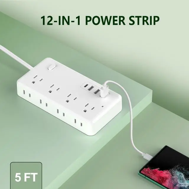 Alt view image 4 of 6 - Power Strip, Surge Protector With 8 AC Outlets & 3 USB & 1 Type-C Ports, Angled Flat Plug, For Home, Office, Dorm Essentials white 5FT