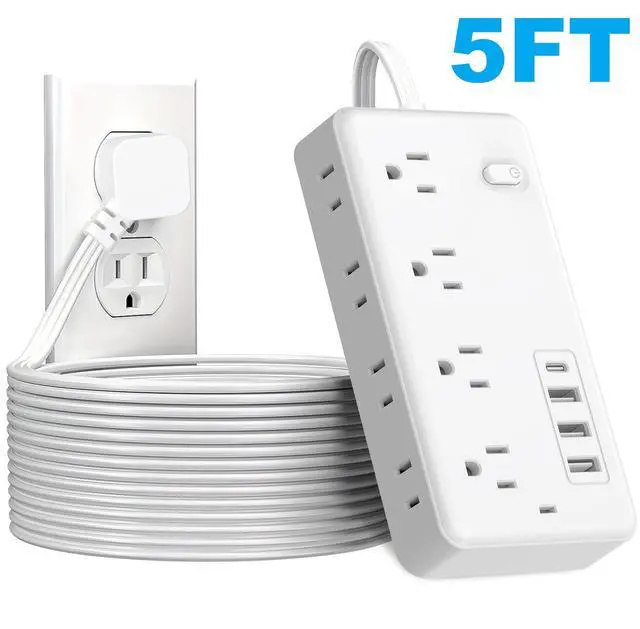 Alt view image 5 of 6 - Power Strip, Surge Protector With 8 AC Outlets & 3 USB & 1 Type-C Ports, Angled Flat Plug, For Home, Office, Dorm Essentials white 5FT