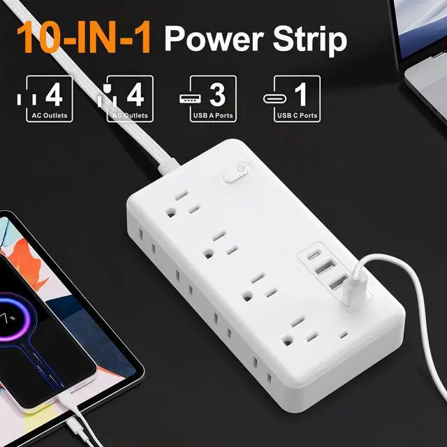 Main image of Power Strip, Surge Protector With 8 AC Outlets & 3 USB & 1 Type-C Ports, Angled Flat Plug, For Home, Office, Dorm Essentials white 5FT