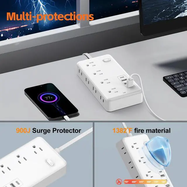 Alt view image 2 of 6 - Power Strip, Surge Protector With 8 AC Outlets & 3 USB & 1 Type-C Ports, Angled Flat Plug, For Home, Office, Dorm Essentials white 5FT