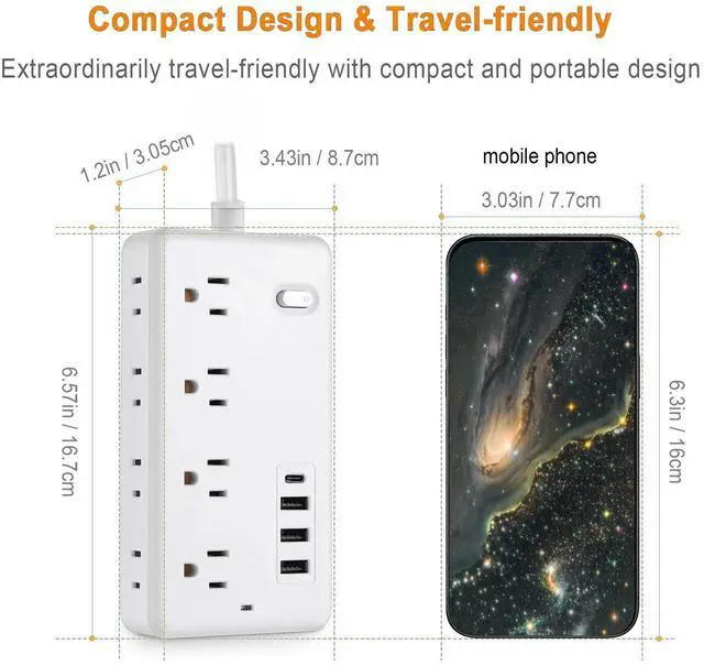 Alt view image 6 of 6 - Power Strip, Surge Protector With 8 AC Outlets & 3 USB & 1 Type-C Ports, Angled Flat Plug, For Home, Office, Dorm Essentials white 5FT