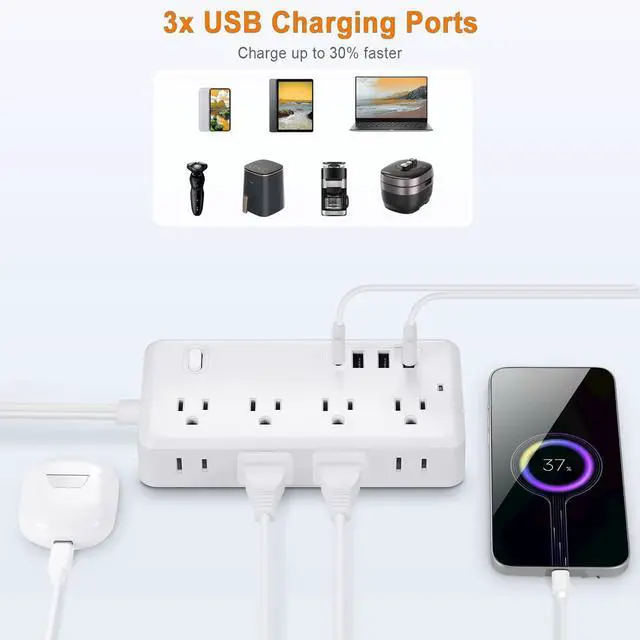 Alt view image 3 of 6 - Power Strip, Surge Protector With 8 AC Outlets & 3 USB & 1 Type-C Ports, Angled Flat Plug, For Home, Office, Dorm Essentials white 5FT