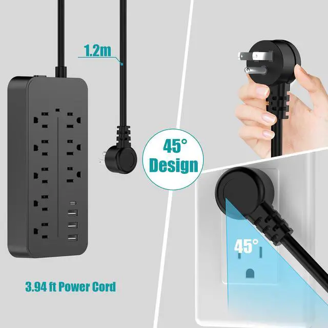 Alt view image 5 of 7 - Protector Power Strip, Multiple Outlets Extension Cord with 8 AC Outlets and 4 USB Charging Ports (1 USB-C), 45° Flat Plug, 5 Ft Mountable Outlet Extender for Home/Office/Dorm