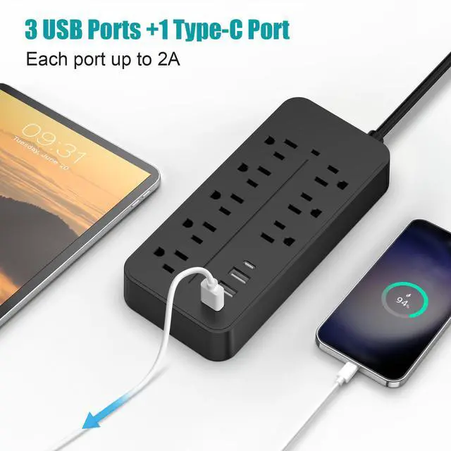 Alt view image 4 of 7 - Protector Power Strip, Multiple Outlets Extension Cord with 8 AC Outlets and 4 USB Charging Ports (1 USB-C), 45° Flat Plug, 5 Ft Mountable Outlet Extender for Home/Office/Dorm