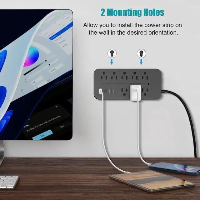 Alt view image 2 of 7 - Protector Power Strip, Multiple Outlets Extension Cord with 8 AC Outlets and 4 USB Charging Ports (1 USB-C), 45° Flat Plug, 5 Ft Mountable Outlet Extender for Home/Office/Dorm