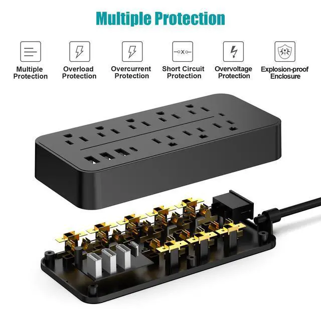 Alt view image 7 of 7 - Protector Power Strip, Multiple Outlets Extension Cord with 8 AC Outlets and 4 USB Charging Ports (1 USB-C), 45° Flat Plug, 5 Ft Mountable Outlet Extender for Home/Office/Dorm