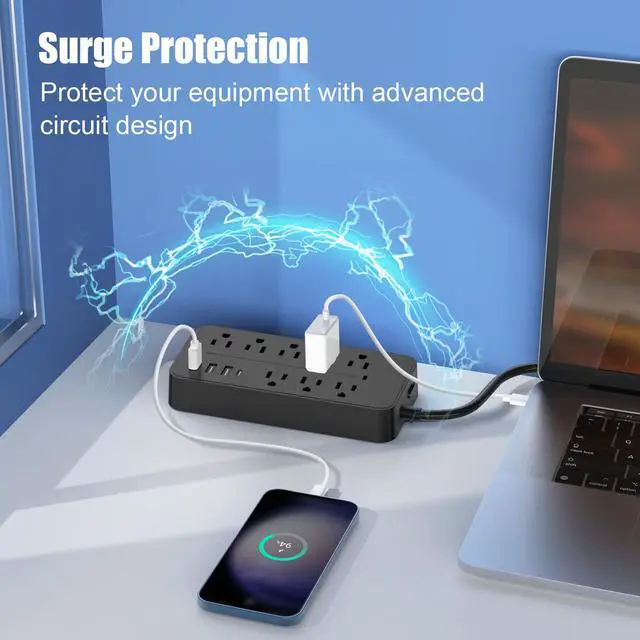 Alt view image 3 of 7 - Protector Power Strip, Multiple Outlets Extension Cord with 8 AC Outlets and 4 USB Charging Ports (1 USB-C), 45° Flat Plug, 5 Ft Mountable Outlet Extender for Home/Office/Dorm