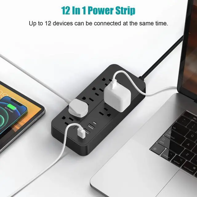 Alt view image 6 of 7 - Protector Power Strip, Multiple Outlets Extension Cord with 8 AC Outlets and 4 USB Charging Ports (1 USB-C), 45° Flat Plug, 5 Ft Mountable Outlet Extender for Home/Office/Dorm